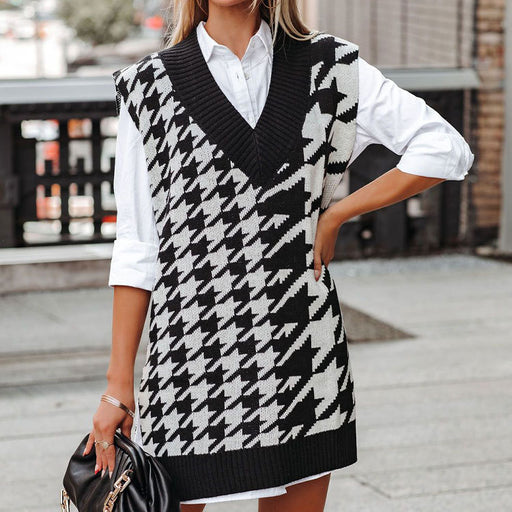 Color-Autumn Winter New Houndstooth V-neck Loose Sweater Ladies Vest Vest-Fancey Boutique