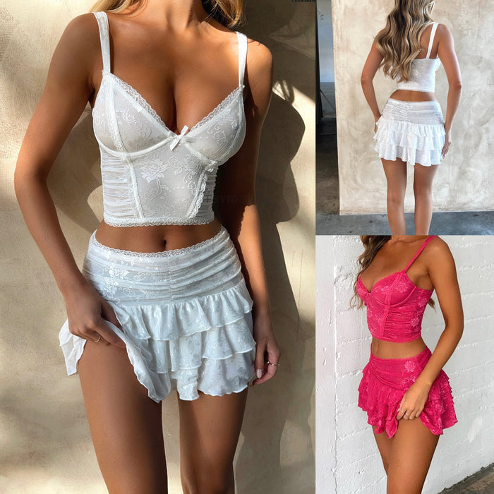 Color-Summer Sexy Suit Sexy Strap Lace Short Top Women Cake Short Skirt Two Piece-Fancey Boutique