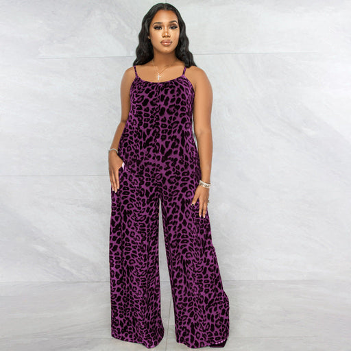 Color-Purple-Jumpsuit Summer Leopard Print Strap Casual Jumpsuit Women-Fancey Boutique