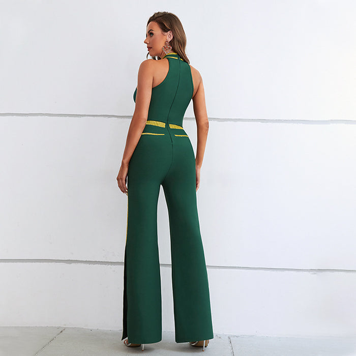 Color-Jumpsuit Summer Halter Diamond Embedded See through Furcal Lower Hem Wide Leg Pants Bodysuit-Fancey Boutique