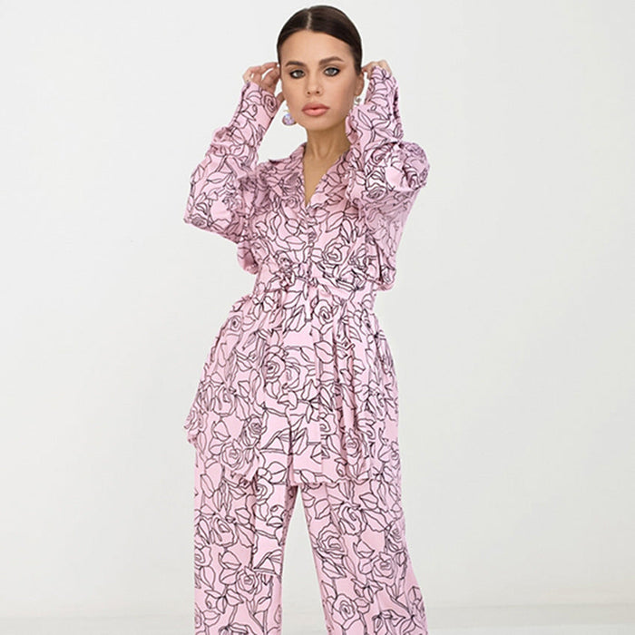 Color-Spring Summer Feather Detachable Printed Pattern Cardigan Lace-up Pajamas Women Suit Home Wear-Fancey Boutique