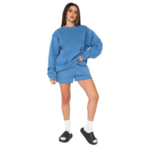 Color-Blue-Cotton Autumn Winter Solid Color round Neck Pullover Long Sleeve Sweater Women Casual Shorts Set-Fancey Boutique