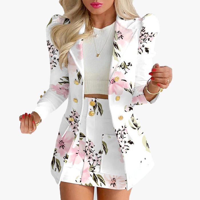 Color-White Flower-Autumn Winter Women Clothing Printing Princess Sleeves Office Slim Fit Short Skirt Set-Fancey Boutique