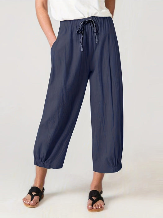 Color-Navy Blue-Summer Cropped Pants Pocket Casual Pants Women Loose Wide Leg Pants outside-Fancey Boutique