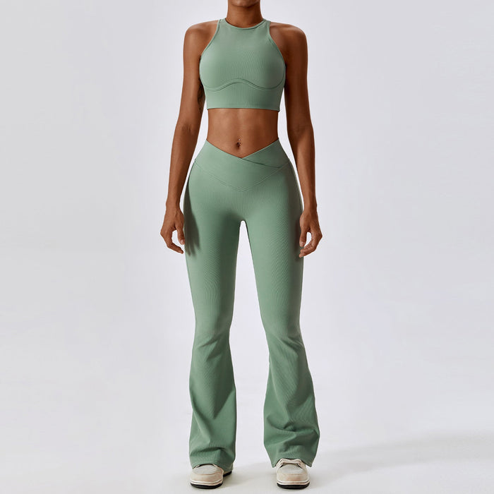 Color-'-2 Bra Bell-Bottom Pants Basil Green-Thread Abdominal Shaping High Waist Beauty Back Yoga Suit Quick Drying Push up Hip Raise Skinny Workout Exercise Outfit-Fancey Boutique