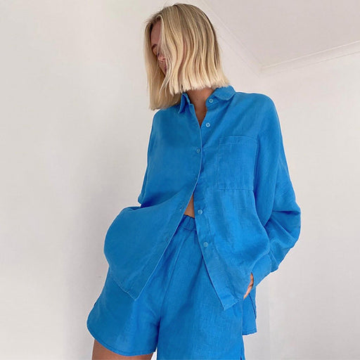 Color-New Spring Summer Cotton Linen Blue Batwing Sleeve Collared Shirt Long Sleeve Shorts Two-Piece Pleated Women Suit-Fancey Boutique