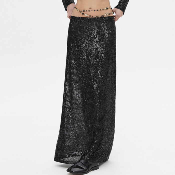 Color-Black Dress-Spring Autumn Popular Women Long Sleeve Blouse Long Skirt Sequined Set-Fancey Boutique