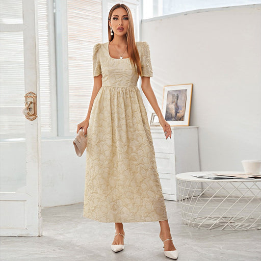 Color-Apricot Dress Short Sleeve High Waist A Line U Collar Embroidered Long Dress-Fancey Boutique