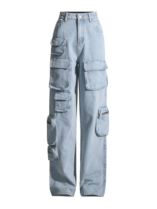 Color-Blue-Retro Light Blue Washed High Waist Cargo Jeans Women Autumn Winter Zipper Large Pocket Trousers-Fancey Boutique