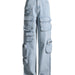 Color-Blue-Retro Light Blue Washed High Waist Cargo Jeans Women Autumn Winter Zipper Large Pocket Trousers-Fancey Boutique