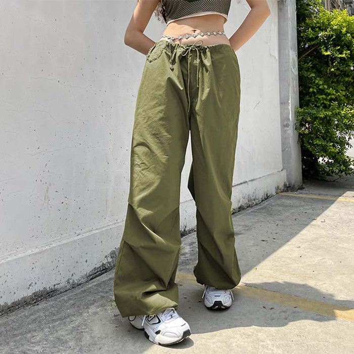 Color-Street Retro Casual Drawstring Lace Waist of Trousers Loose Wide Leg Pants Sexy Handsome Dance Exercise Ankle Tied Trousers-Fancey Boutique