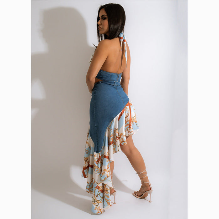 Color-Denim Skirt Set Halter Pleated Skirt Two Piece Stretch Skirt Set-Fancey Boutique