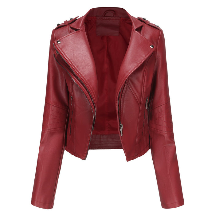 Color-Burgundy-Slim Fit Long Sleeved Spring Autumn Leather Jacket Women Rivet Popular Short Jacket Zipper Leather Jacket-Fancey Boutique