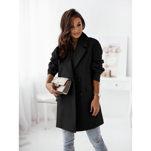 Color-Black-Popular Autumn Winter Long Sleeve Set Collar Double Breasted Woolen Coat Women-Fancey Boutique
