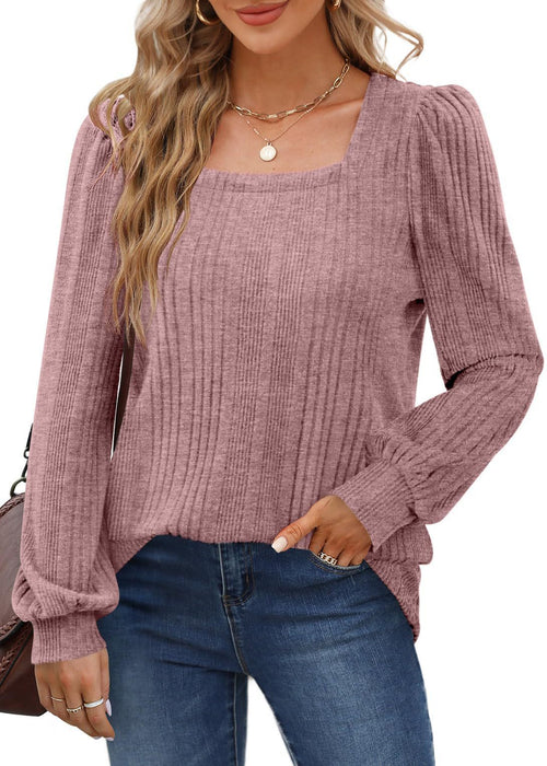 Color-Pink-Temu Autumn Winter Women Sunken Stripe Square Collar Casual Long Sleeve Top-Fancey Boutique