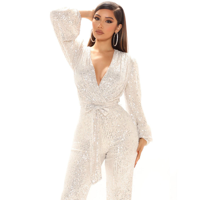 Color-Women Clothing Sexy V-neck Sequined One-Piece Wide Leg One-Piece Trousers-Fancey Boutique