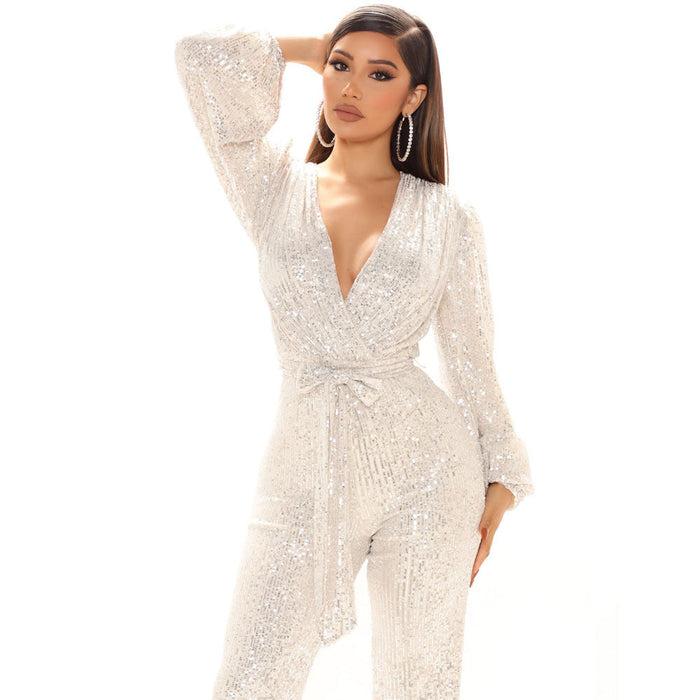 Color-White-Women Clothing Sexy V-neck Sequined One-Piece Wide Leg One-Piece Trousers-Fancey Boutique