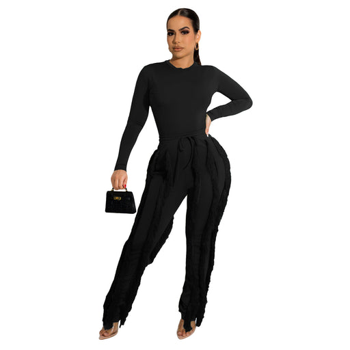 Color-Black-Women Clothing Suit Tassel Lace Jumpsuit Two Piece Set Solid Color Sports Autumn Winter-Fancey Boutique