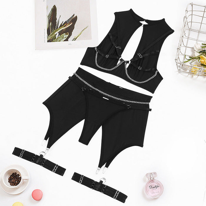 Color-Black-Women Clothing At Internet Celebrity Chain Steel Ring Push up Sexy Lingerie Four Piece Set-Fancey Boutique