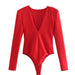 Color-Red-Autumn Casual Women Clothing Pullover V Tie Padded Shoulder Bodysuit-Fancey Boutique
