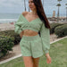 Color-Fall Winter Women Cropped V neck off-Shoulder Long-Sleeved Sweater Shorts two piece set-Fancey Boutique