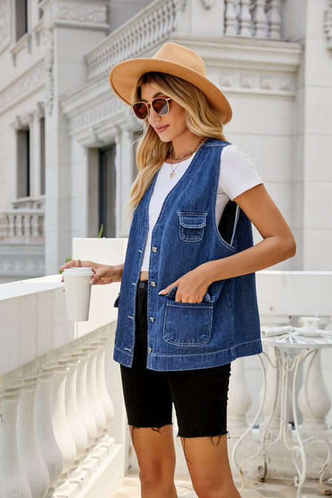 Color-Denim Waistcoat Vest Multi Pocket Personalized Spring Autumn Washed Waistcoat Women-Fancey Boutique