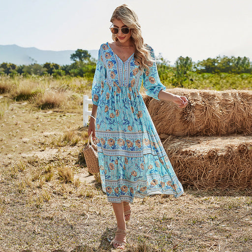 Color-Blue-V-neck High Waist Bohemian Dress Mid-Length A- line Dress-Fancey Boutique