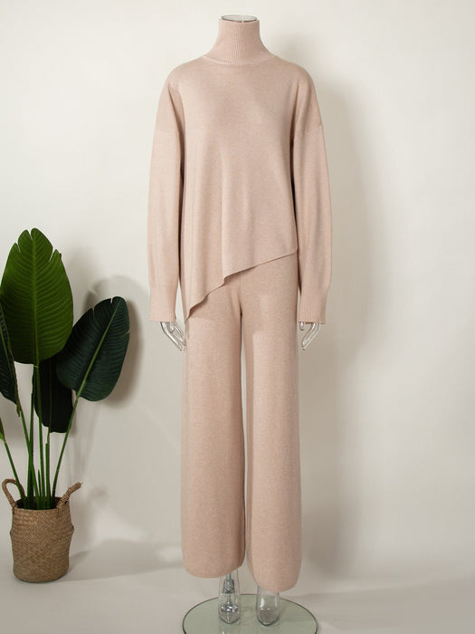 Color-Ivory-Half Turtleneck Irregular Asymmetric Sweater Suit Elegant Beveled Sweater Knitted Wide Leg Pants-Fancey Boutique