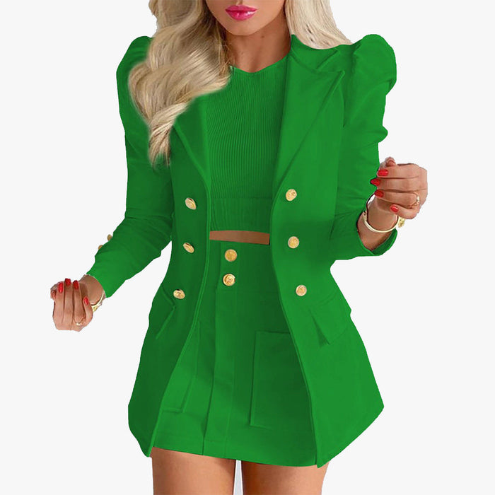 Color-Dark Green-Autumn Winter Women Clothing Printing Princess Sleeves Office Slim Fit Short Skirt Set-Fancey Boutique