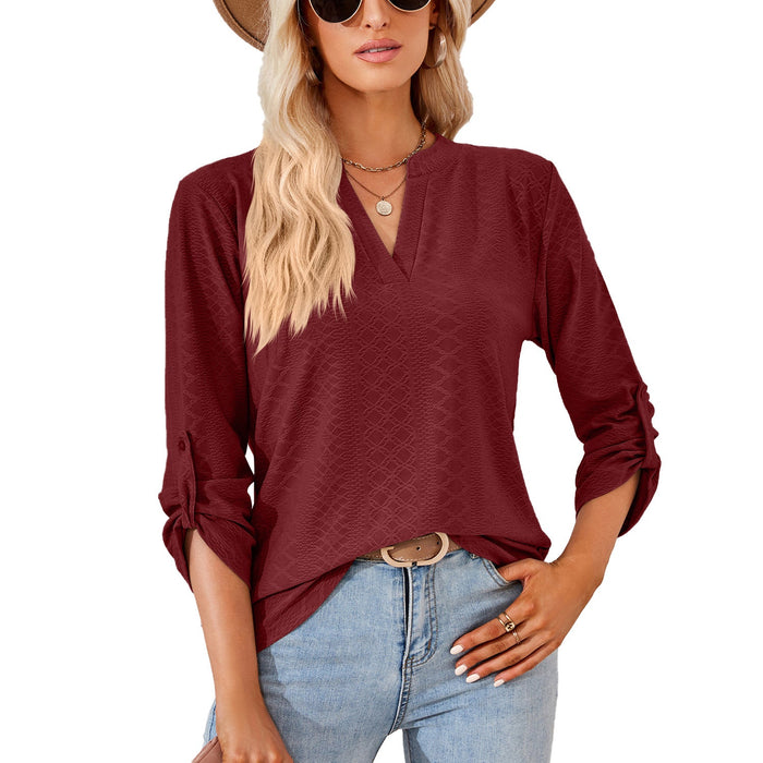 Color-Burgundy-Autumn Winter Solid Color V-neck Three-Quarter Sleeve Button Loose-Fitting T-shirt Top Women-Fancey Boutique