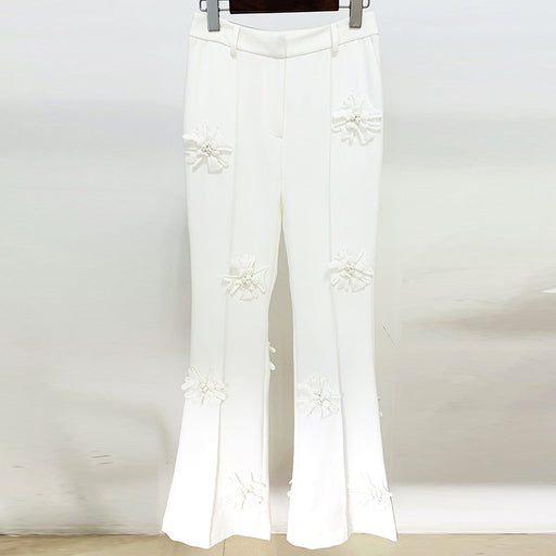 Color-White-Stars Heavy Industry Three-Dimensional Floral Decoration Bootcut 3D Rose Pants Work Pant-Fancey Boutique