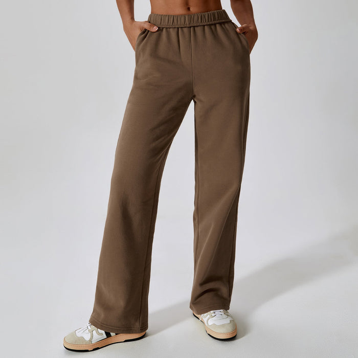 Color-Brown-Waist Tied Fleece Lined Warm Loose Sports Pants Straight Wide Leg Pants Outdoor Casual Track Sweatpants Women-Fancey Boutique