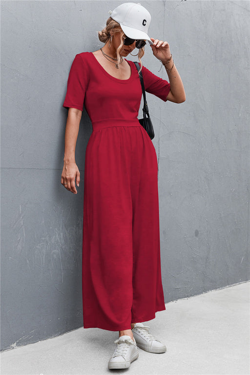 Color-Red-Spring Summer Short Sleeve U Collar Loose Wide Leg Jumpsuit-Fancey Boutique