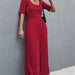 Color-Red-Spring Summer Short Sleeve U Collar Loose Wide Leg Jumpsuit-Fancey Boutique