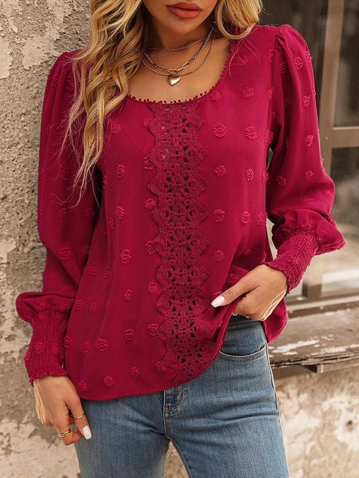 Color-Women Round Neck Puff Sleeve Big Polka Dot Stitching Lace Smocking Shirt-Fancey Boutique