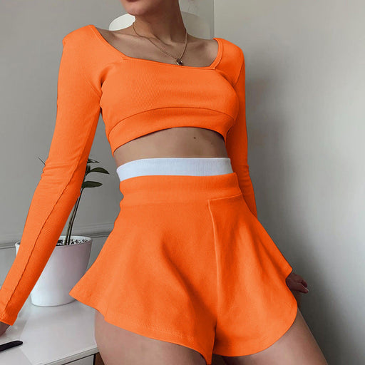 Color-Orange-Sports Women Clothing Contrast Color Fit Top Sexy Culottes Suit-Fancey Boutique