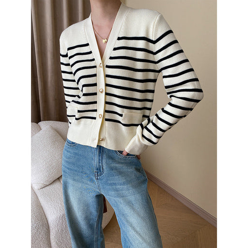 Color-Fashionable French Contrast Color Striped Early Autumn V neck Office All Matching Knitted Cardigan Design-Fancey Boutique
