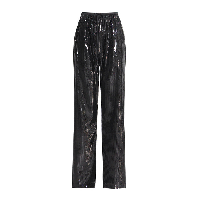 Color-Personal Casual Street Sequined Trousers Autumn High Waist Lace Up Sequined Zipper Straight Leg Pants Women-Fancey Boutique