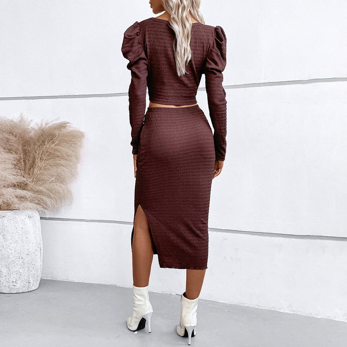 Color-Women Clothing Autumn Winter Elegant Puff Sleeve Top Hip Skirt Sets-Fancey Boutique