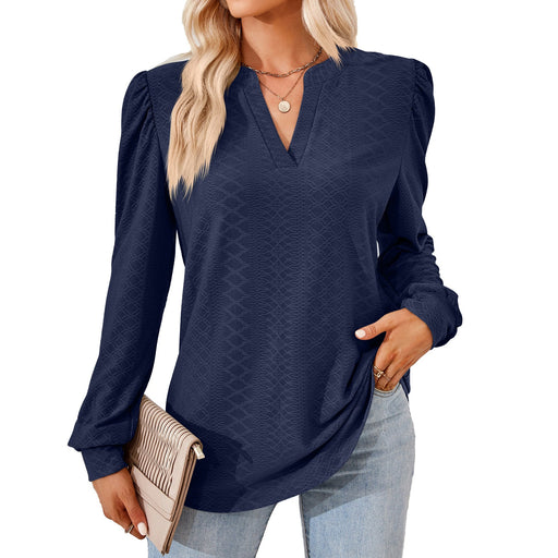 Color-Navy Blue-Autumn Winter Solid Color V neck Jacquard Long Sleeve Loose-Fitting T-shirt Top Ladies-Fancey Boutique