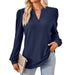 Color-Navy Blue-Autumn Winter Solid Color V neck Jacquard Long Sleeve Loose-Fitting T-shirt Top Ladies-Fancey Boutique