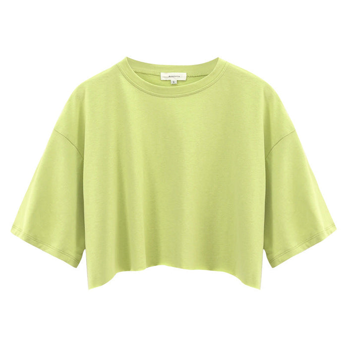 Color-Green-Sexy Short Sleeved T shirt Women Summer Pure Cotton Solid Color Short Cropped round Neck Sports Top-Fancey Boutique