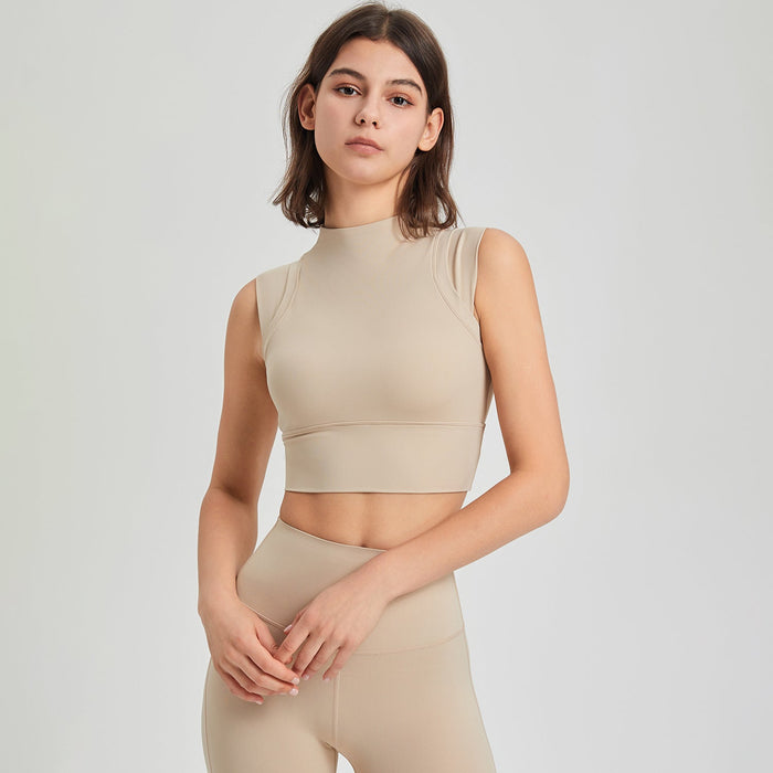 Color-Milk Tea Brown-Lycra High Elastic Shockproof Running Exercise Underwear Turtleneck Fixed Cup Yoga Clothes Bra Vest Quick Drying Workout Top-Fancey Boutique