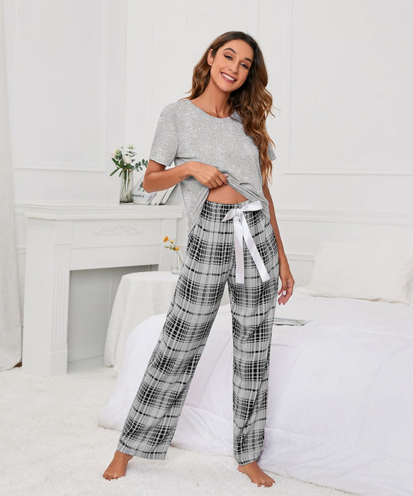 Color-Gray-Solid Color round Neck T Printed Checks Women Casual Suit Homewear Pajamas Women-Fancey Boutique