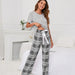 Color-Gray-Solid Color round Neck T Printed Checks Women Casual Suit Homewear Pajamas Women-Fancey Boutique