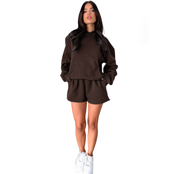 Color-Coffee-Autumn Winter Solid Color Long-Sleeved Hooded Sweaters Women Clothing Two Piece Casual Shorts sets-Fancey Boutique