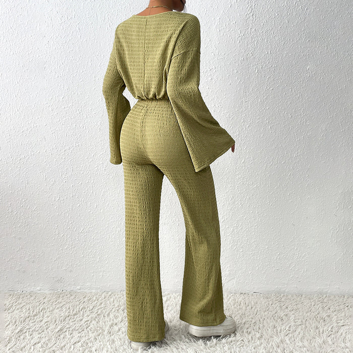 Color-Suit Women Autumn Solid Color round Neck Long Sleeve Top Casual Trousers-Fancey Boutique