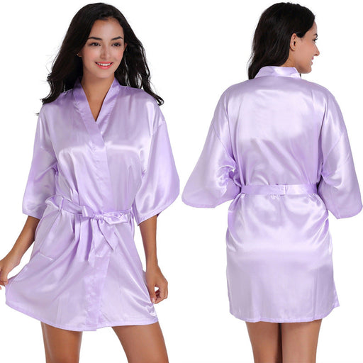 Color-Lavender-Ladies Robe Artificial Silk Satin Kimono Gown Glossy Solid Color Thin Cardigan Gown Summer Sexy Short Bathrobe-Fancey Boutique