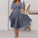 Color-Summer Solid Color V Neck Waist Trimming Casual Swing Dress-Fancey Boutique