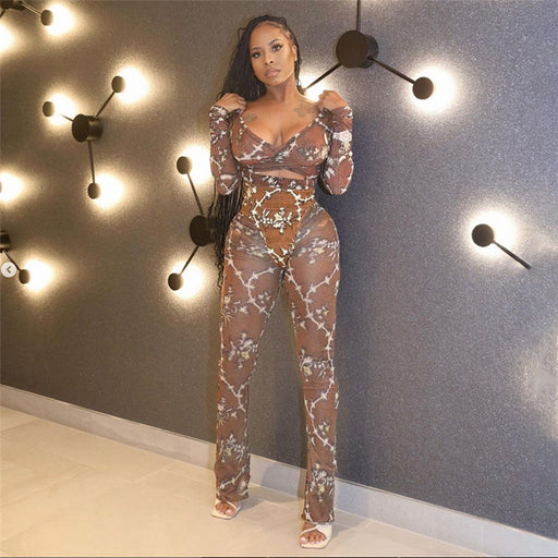 Color-Fall Women Clothing Sexy Mesh See through Printed Slim Long Sleeve Top Casual Trousers Set-Fancey Boutique